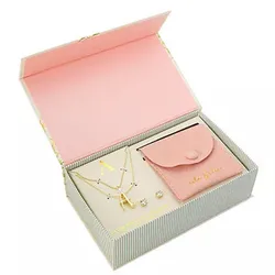 Jewelry set in a box featuring a necklace with the letter \“A,\“ matching earrings, and a pink pouch.
