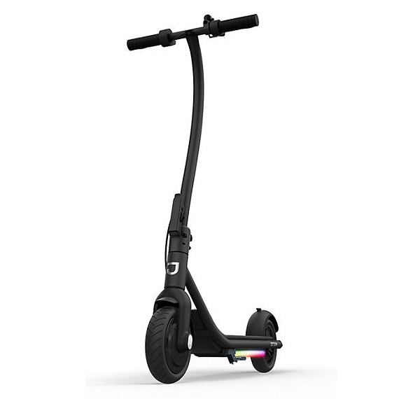 The Jetson Ember Folding Electric Scooter features a sleek design with a curved handlebar and thick tires. It includes colorful LED lighting on the deck for visibility and style.