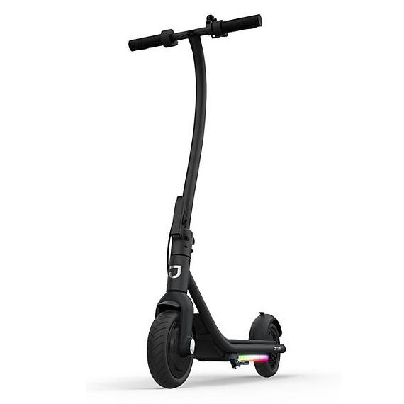 The Jetson Ember Folding Electric Scooter features a sleek design with a curved handlebar and thick tires. It includes colorful LED lighting on the deck for visibility and style.