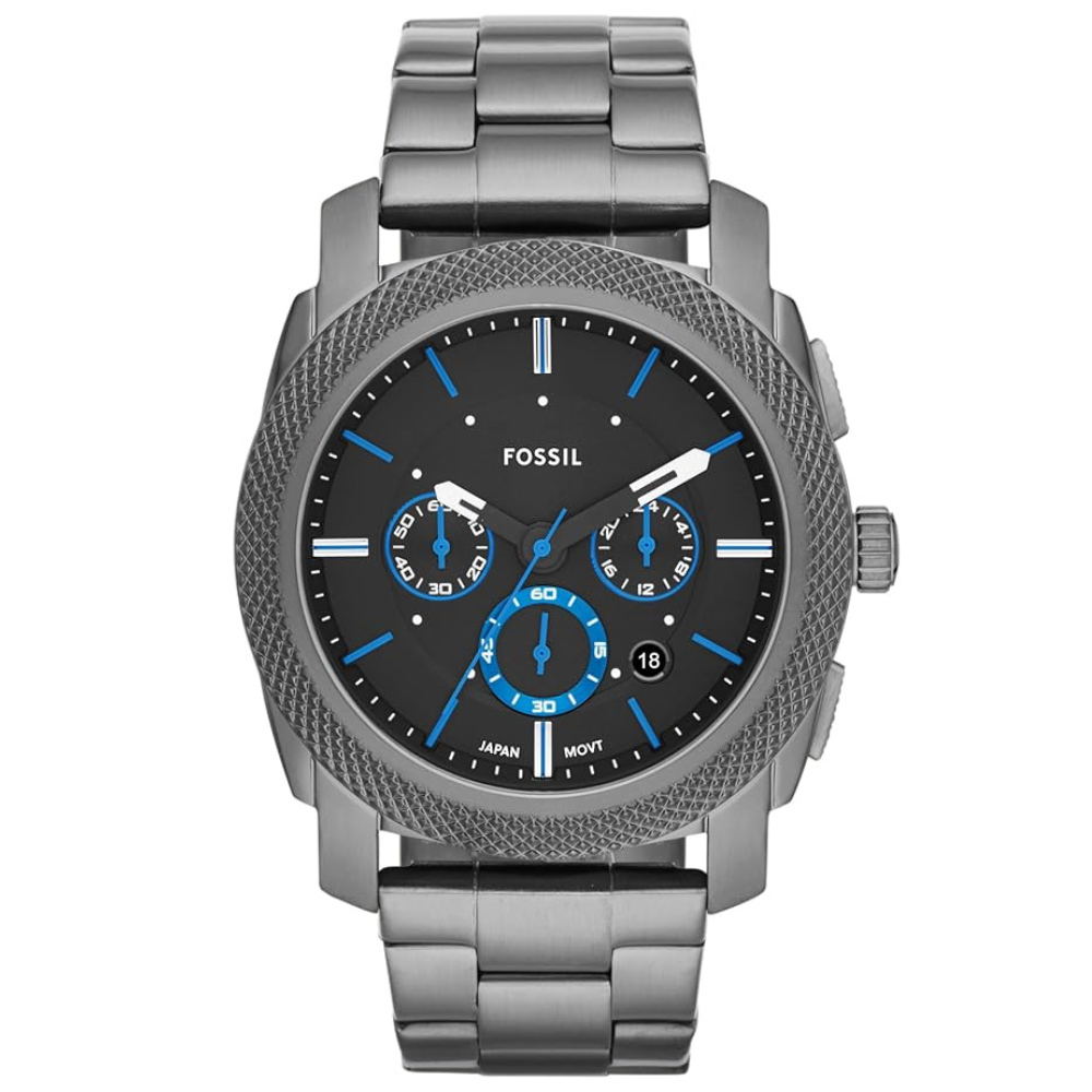 Fossil chronograph watch with gunmetal-tone stainless steel bracelet, black dial, blue accents, and date display at 4 o'clock.