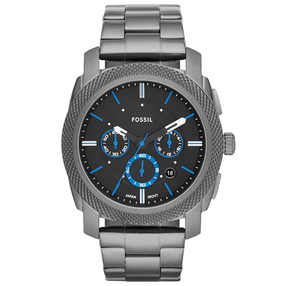 Fossil chronograph watch with gunmetal-tone stainless steel bracelet, black dial, blue accents, and date display at 4 o'clock.