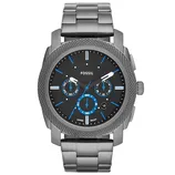 Fossil chronograph watch with gunmetal-tone stainless steel bracelet, black dial, blue accents, and date display at 4 o'clock.