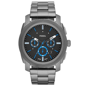 Fossil chronograph watch with gunmetal-tone stainless steel bracelet, black dial, blue accents, and date display at 4 o'clock.
