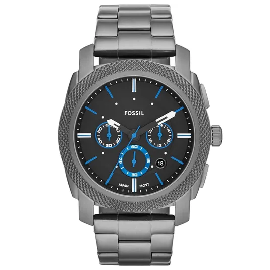 Fossil chronograph watch with gunmetal-tone stainless steel bracelet, black dial, blue accents, and date display at 4 o'clock.