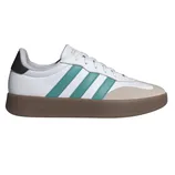 Adidas sneakers featuring a white upper with teal stripes, beige suede accents, and a gum sole.