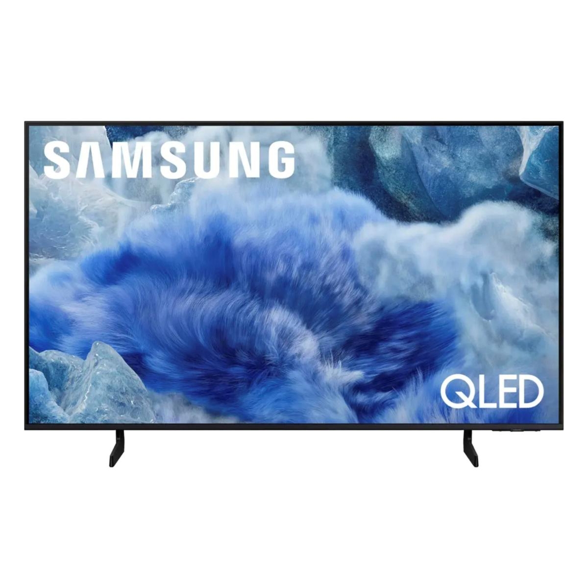 Samsung QLED TV with a display featuring a blue abstract design, showcasing the brand's logo on the top left and \“QLED\“ text on the bottom right.