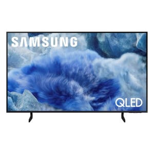 Samsung QLED TV with a display featuring a blue abstract design, showcasing the brand's logo on the top left and \“QLED\“ text on the bottom right.