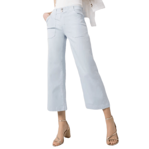 Light blue wide-leg cropped pants with utility-style pockets and a high waist. They feature a button and zip closure, paired with open-toe block heels.