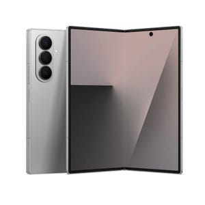 Foldable smartphone with triple rear cameras and an unfolded large interior display. Silver color and sleek design.