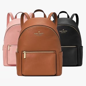Three leather backpacks in pink, tan, and black, each with a front zipper pocket and adjustable shoulder straps.