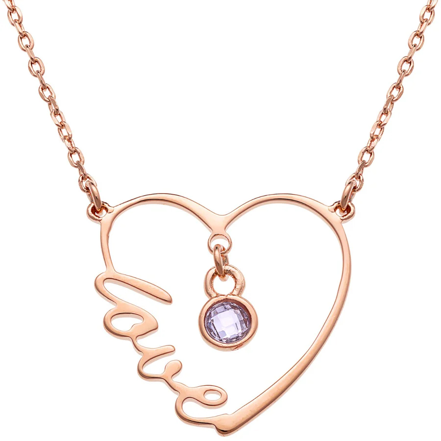Rose gold-toned necklace with a heart-shaped pendant featuring the word \“love\“ incorporated into the design and a light purple gemstone hanging in the center.