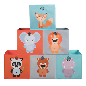 Set of six square fabric storage bins featuring cute animal designs: fox, elephant, lion, panda, bear, and hippo. Each bin has a grommet handle and varies in color, perfect for organizing children's toys or clothing.