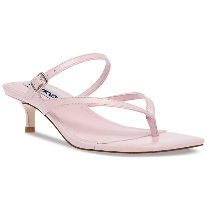 A pale pink strappy sandal with a small heel.