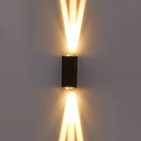 A wall-mounted light fixture emanating an X-shaped beam pattern on a gray background.