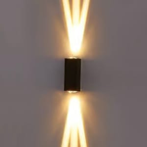 A wall-mounted light fixture emanating an X-shaped beam pattern on a gray background.