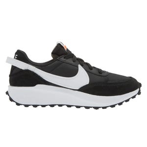 Nike Waffle Debut Shoes in black with a white Swoosh, featuring a thick white midsole and a textural waffle-patterned outsole for traction, complemented by black laces and a low-cut silhouette.