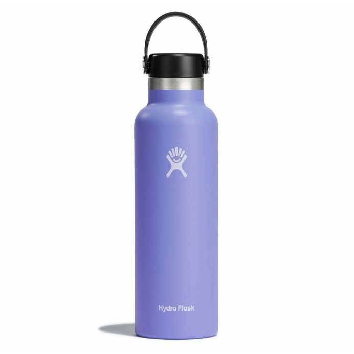 A purple Hydro Flask 21oz water bottle features a black lid with a handle. The brand logo is visible on the front.