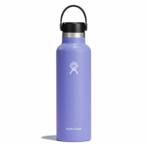 A purple Hydro Flask 21oz water bottle features a black lid with a handle. The brand logo is visible on the front.