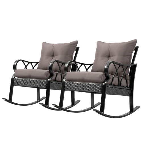 Two black metal rocking chairs with cushioned seats and backs, featuring a woven design on the sides and back supports, in a matching set.