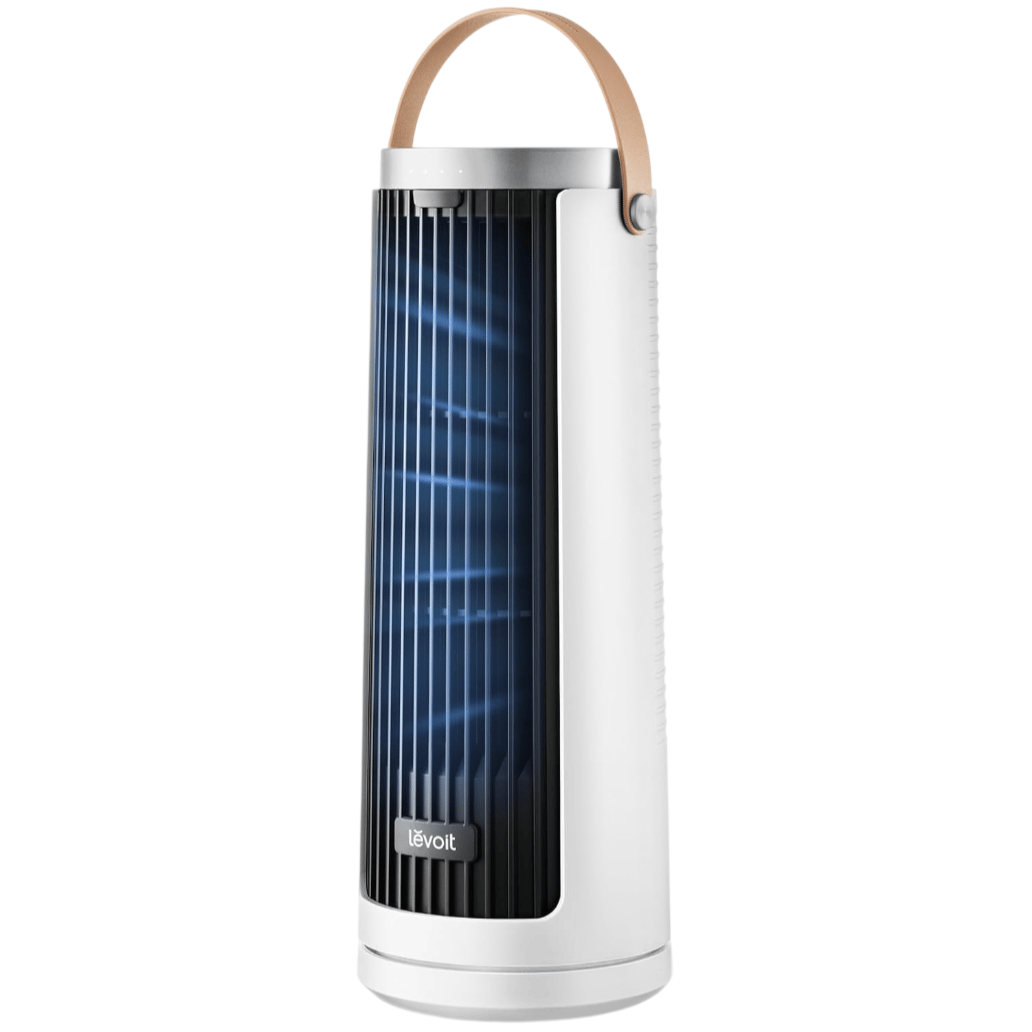 A cylindrical air purifier with a LED display and leather-like carrying strap, featuring Levoit branding on the front.