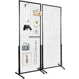 2-pack VEVOR Grid Wall Panels, each with a black metal wireframe design, featuring a variety of hanging items such as a light bulb, game controller, clipboard, and picture frame. Panels are freestanding with sturdy metal bases.