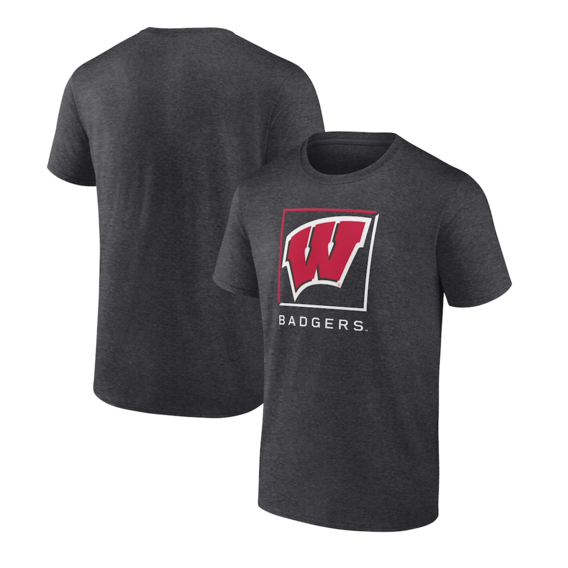Dark gray t-shirt featuring a bold red \“W\“ logo with \“BADGERS\“ written underneath. The shirt has a simple, classic crew neck design.
