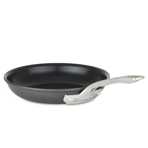 The 8-inch Viking fry pan features a durable nonstick surface with a sleek, dark exterior and a sturdy stainless steel handle, suitable for versatile cooking needs.