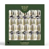 Box of festive handmade crackers by Holly & Ivy, featuring a design with gold trees on a white background.