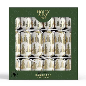 Box of festive handmade crackers by Holly & Ivy, featuring a design with gold trees on a white background.