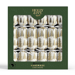 Box of festive handmade crackers by Holly & Ivy, featuring a design with gold trees on a white background.