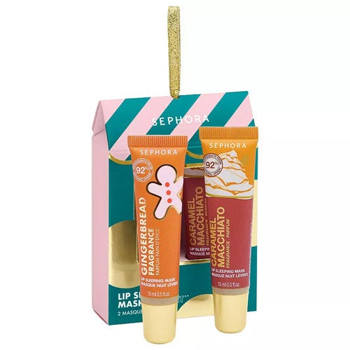 Sephora Lip Sleeping Mask Duo featuring Gingerbread and Caramel Macchiato fragrances, each in 5ml tubes, with a gift-ready package design.