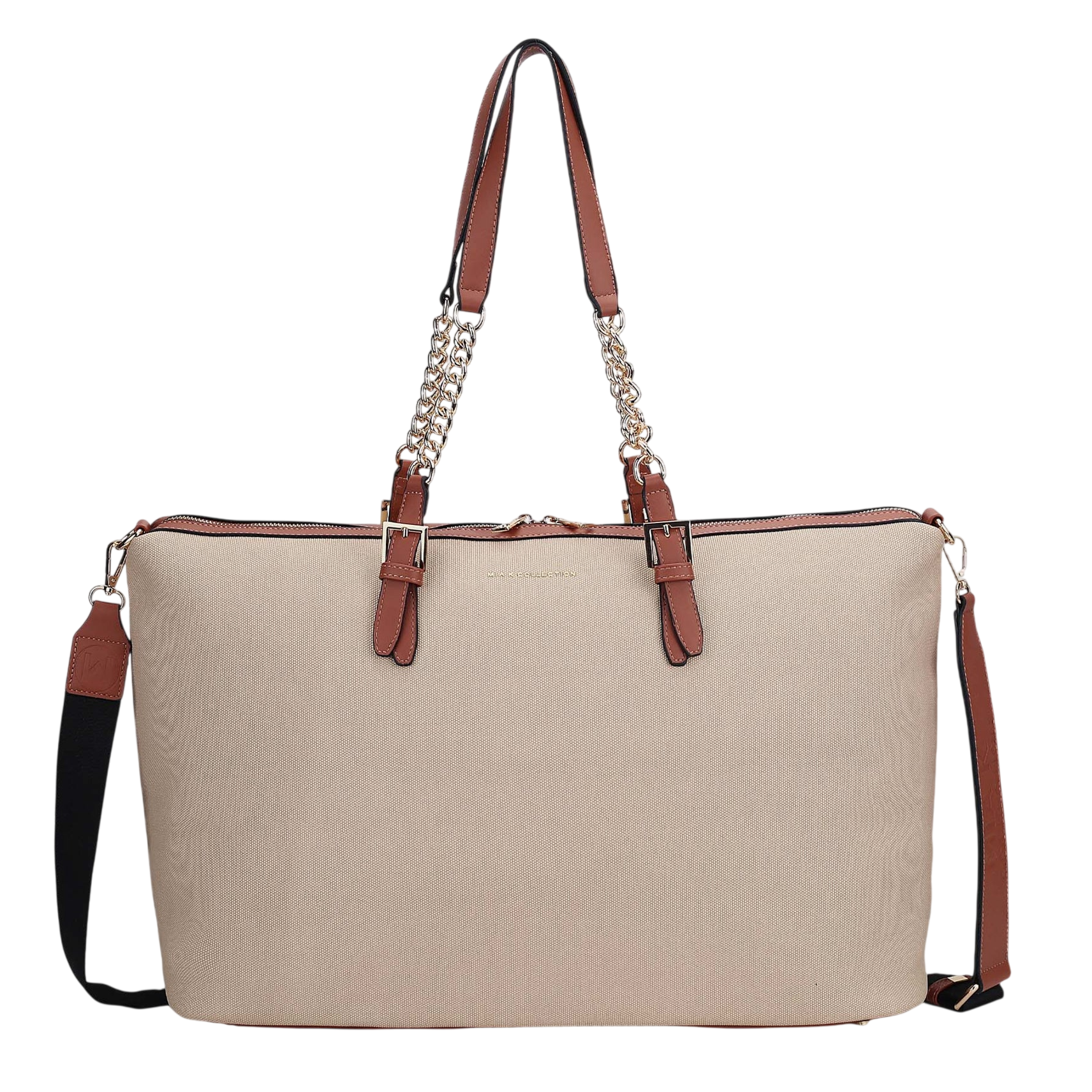 Beige tote bag with brown leather handles and accents, featuring chain links and an adjustable shoulder strap.
