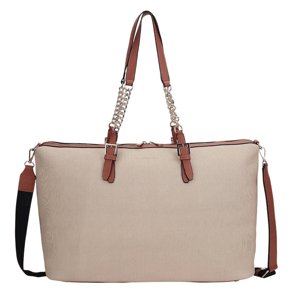 Beige tote bag with brown leather handles and accents, featuring chain links and an adjustable shoulder strap.