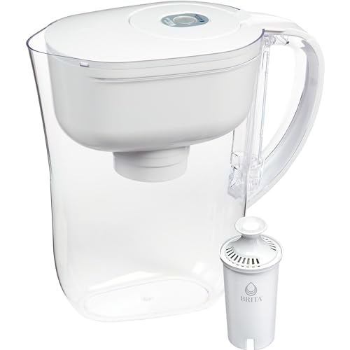 A transparent Brita Metro water pitcher with a white lid and a single filter cartridge next to it.
