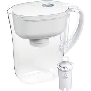 A transparent Brita Metro water pitcher with a white lid and a single filter cartridge next to it.