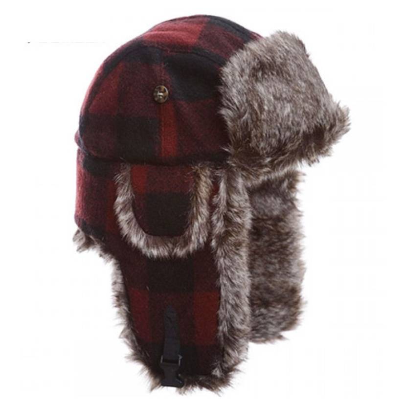 This is a red and black plaid trapper hat with fluffy ear flaps that can be secured under the chin or worn on top of the head.