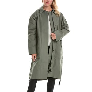 A long, olive-green Canada Goose coat featuring a front zipper with a snap placket, long sleeves, and adjustable drawstrings at the hem.