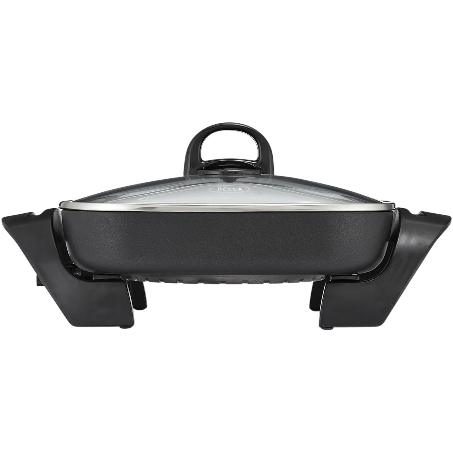 Electric skillet with a glass lid and black handles, labeled \“BELLA.\“