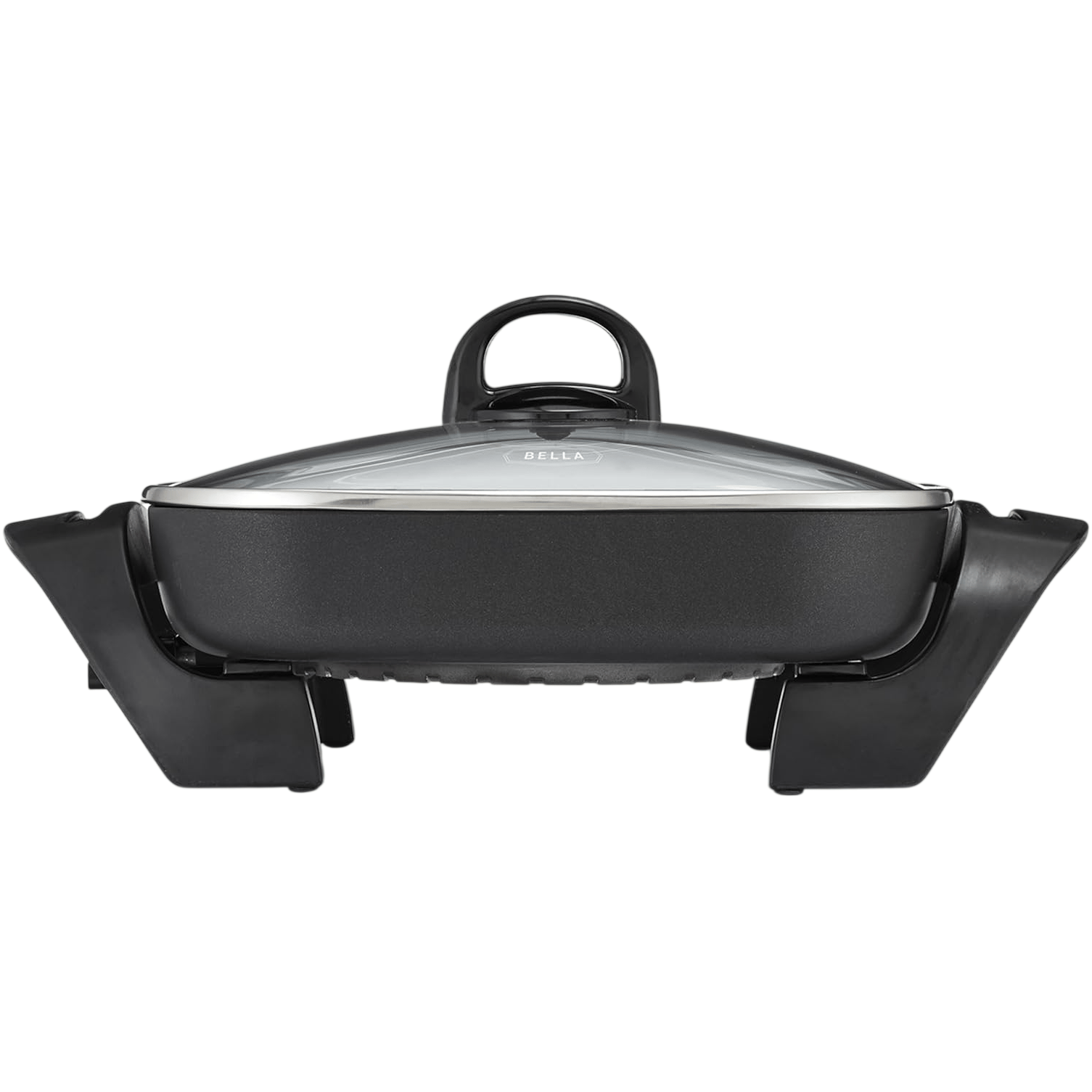 Electric skillet with a glass lid and black handles, labeled \“BELLA.\“