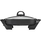 Electric skillet with a glass lid and black handles, labeled \“BELLA.\“