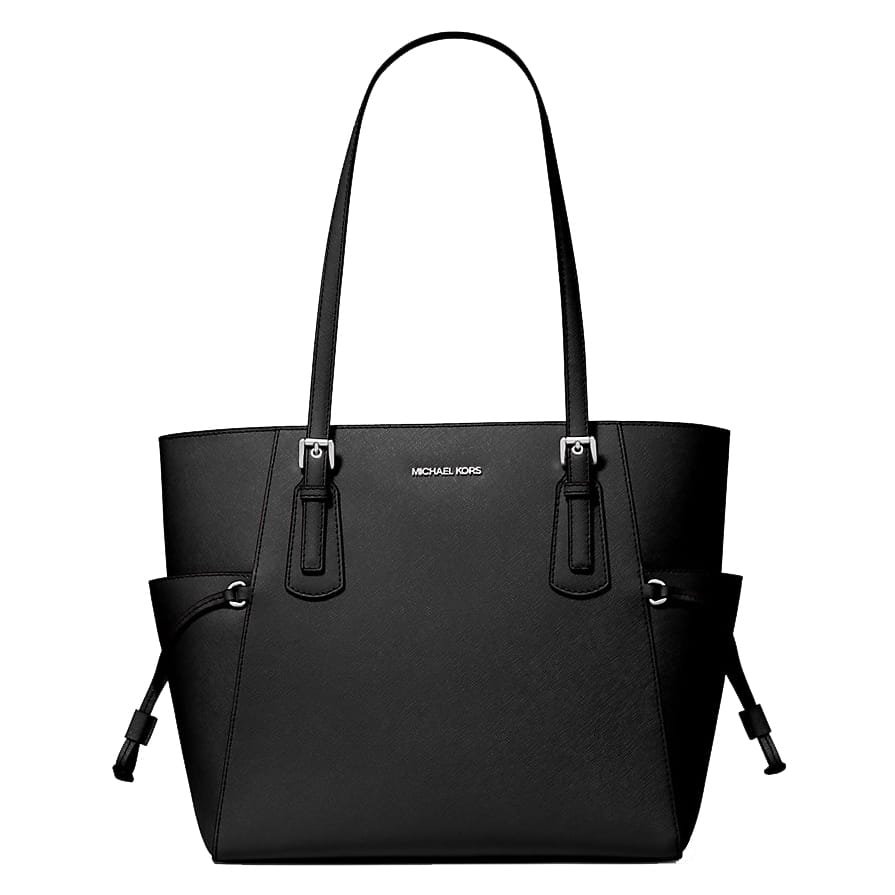 A black Michael Kors tote bag with dual handles and a structured design, featuring the brand's logo on the front.