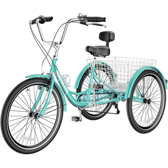 Aqua blue adult tricycle with a large rear basket and a comfortable black seat.