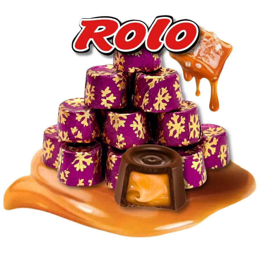 A stack of Rolo chocolates wrapped in purple and gold foil, with caramel spilling out of a cut chocolate piece. The Rolo logo and a dripping caramel square are shown above.