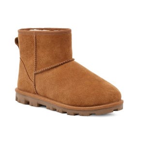 Tan suede ankle boot with a thick rubber sole and plush lining.