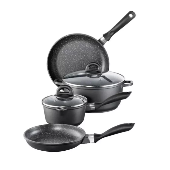 Cookware set featuring non-stick frying pans, a saucepan, and a pot with lids, all with black handles and a speckled finish.