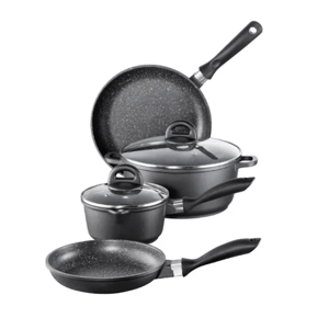 Cookware set featuring non-stick frying pans, a saucepan, and a pot with lids, all with black handles and a speckled finish.
