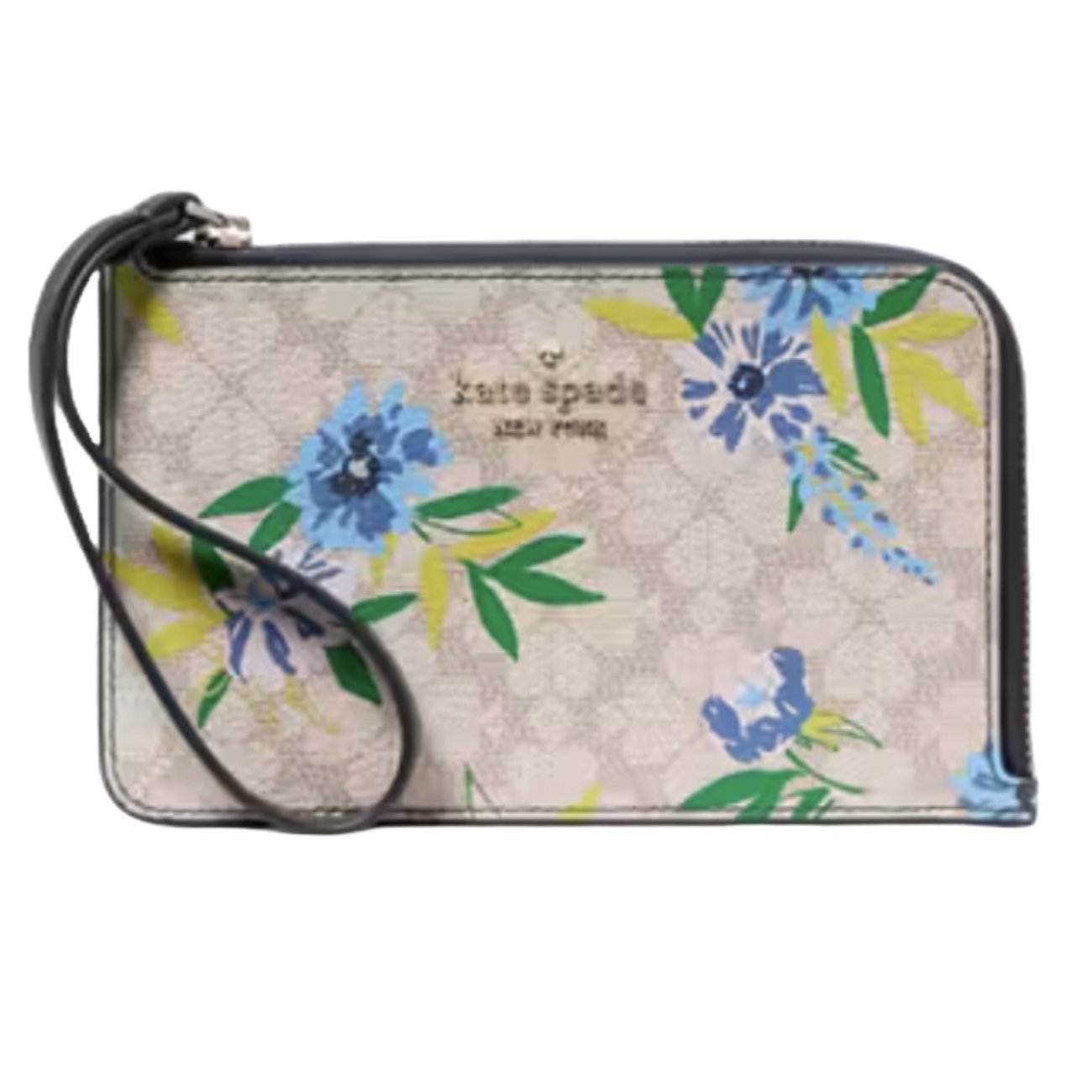 Floral wristlet with blue and green flowers on a beige background, featuring a zip-around closure and a small strap.