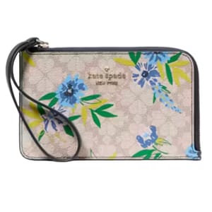 Floral wristlet with blue and green flowers on a beige background, featuring a zip-around closure and a small strap.