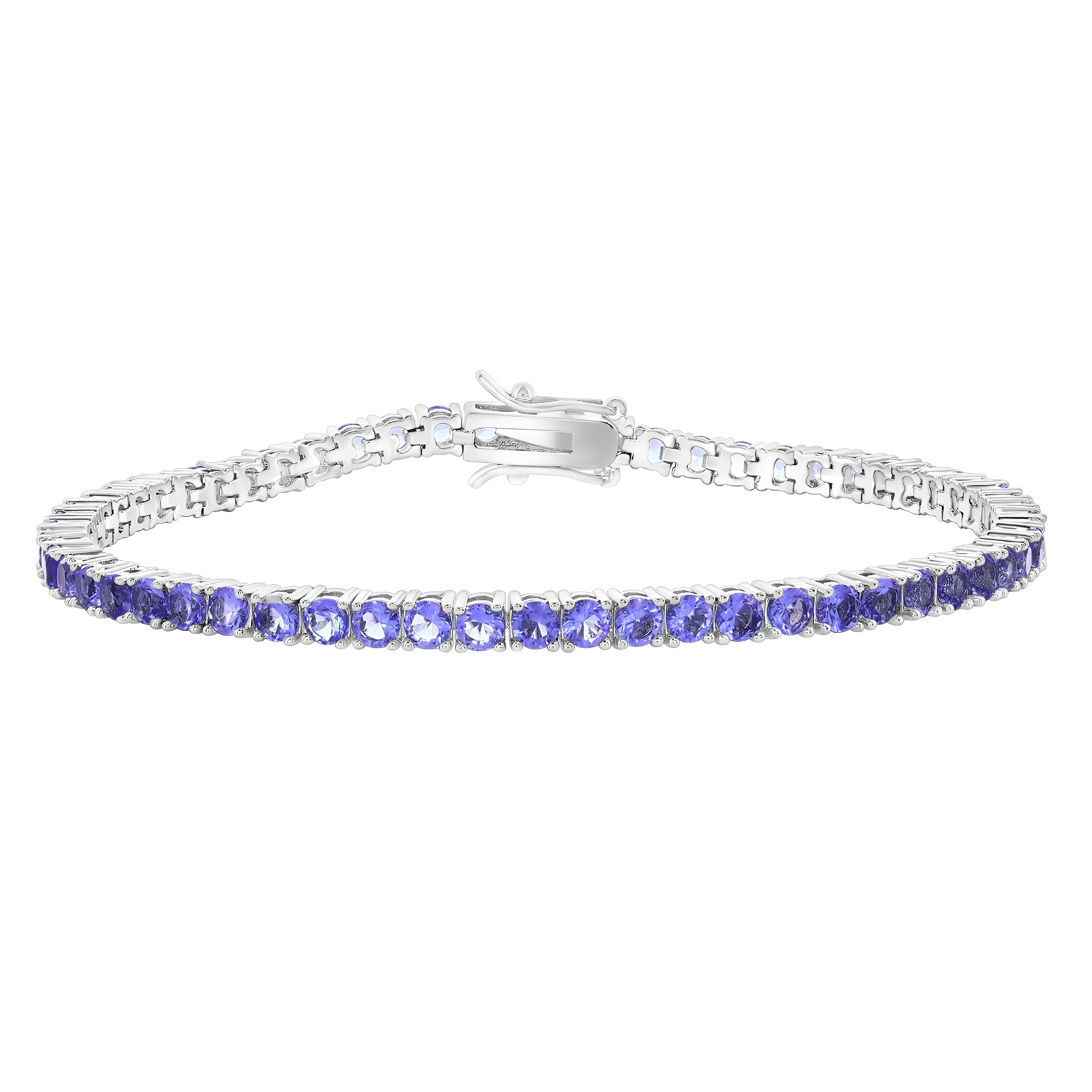 A silver tennis bracelet featuring a series of blue gemstones set in round links with a secure clasp closure.