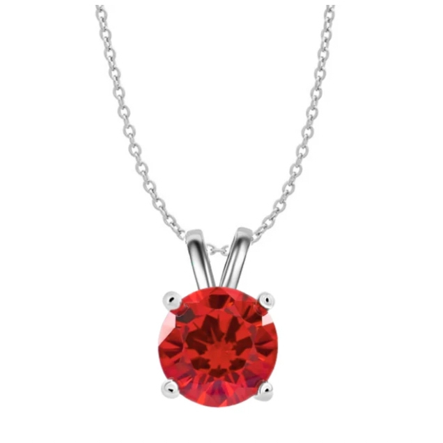 A silver chain necklace featuring a round red gemstone pendant.